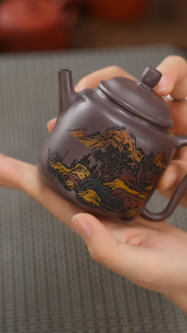茶壶紫砂天青泥先刻后绘汲直160cc