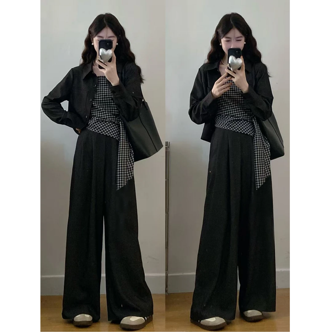 大码女装胖mm秋季新款复古港风格子吊带牛仔外套休闲慵懒三件套