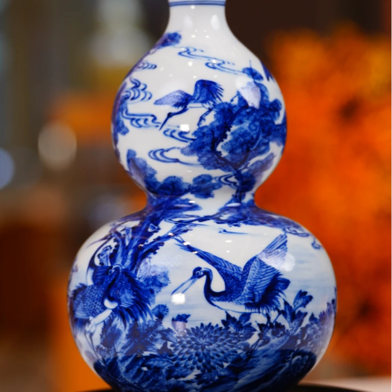 樊匠造器 重工青花松鹤葫芦瓶