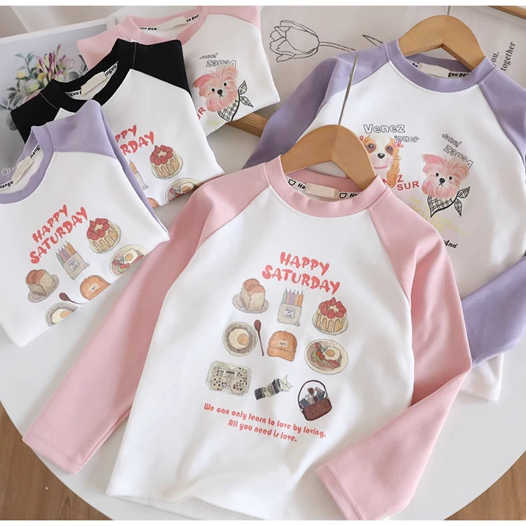 【新号福利】春秋加厚纯棉磨毛打底衫儿童卡通拼色长袖T恤女宝