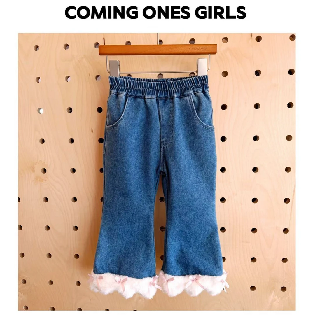 逸朵美芽COMING ONES 女童秋季绒毛花边粉色蝴蝶结牛仔裤Z7-7355