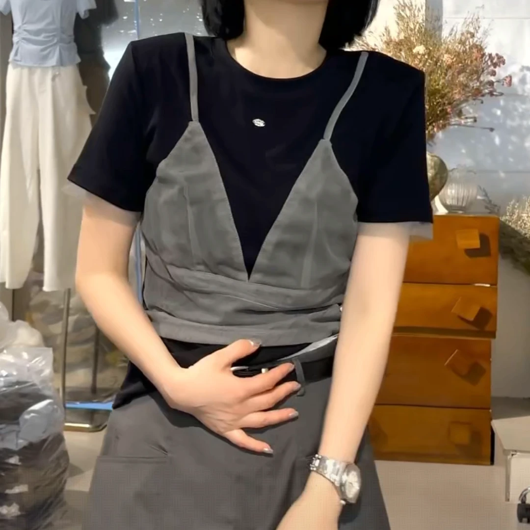 网纱假两件蕾丝百搭显瘦短袖上衣女2025夏季新款时尚气质通勤短袖