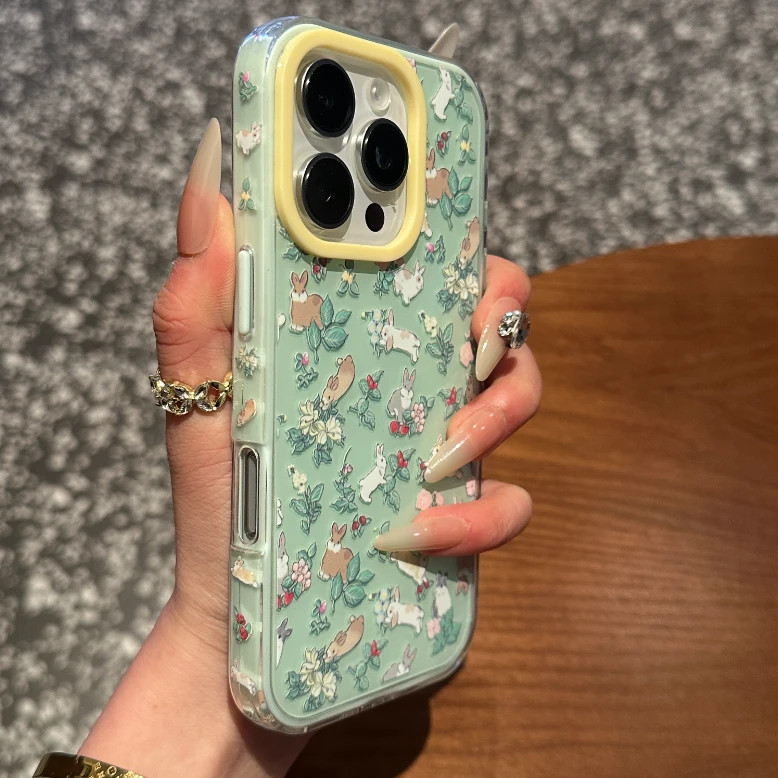 撞色春日画画兔子日系适用于苹果16promax手机壳15保护套14少女