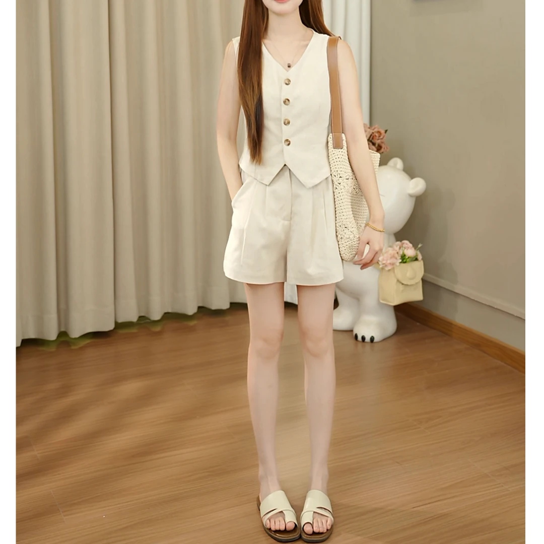 小个子夏季天丝亚麻气质高级感小众马甲五分短裤超仙通勤透气裤子