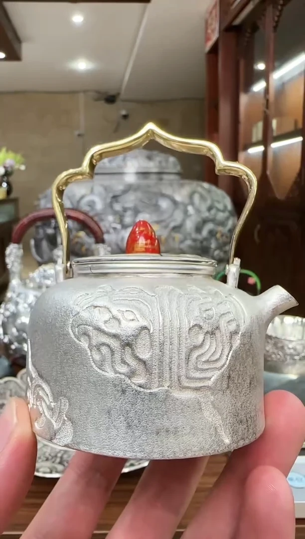 足银999精工手工饕餮纹大漆壶钮提梁泡茶壶