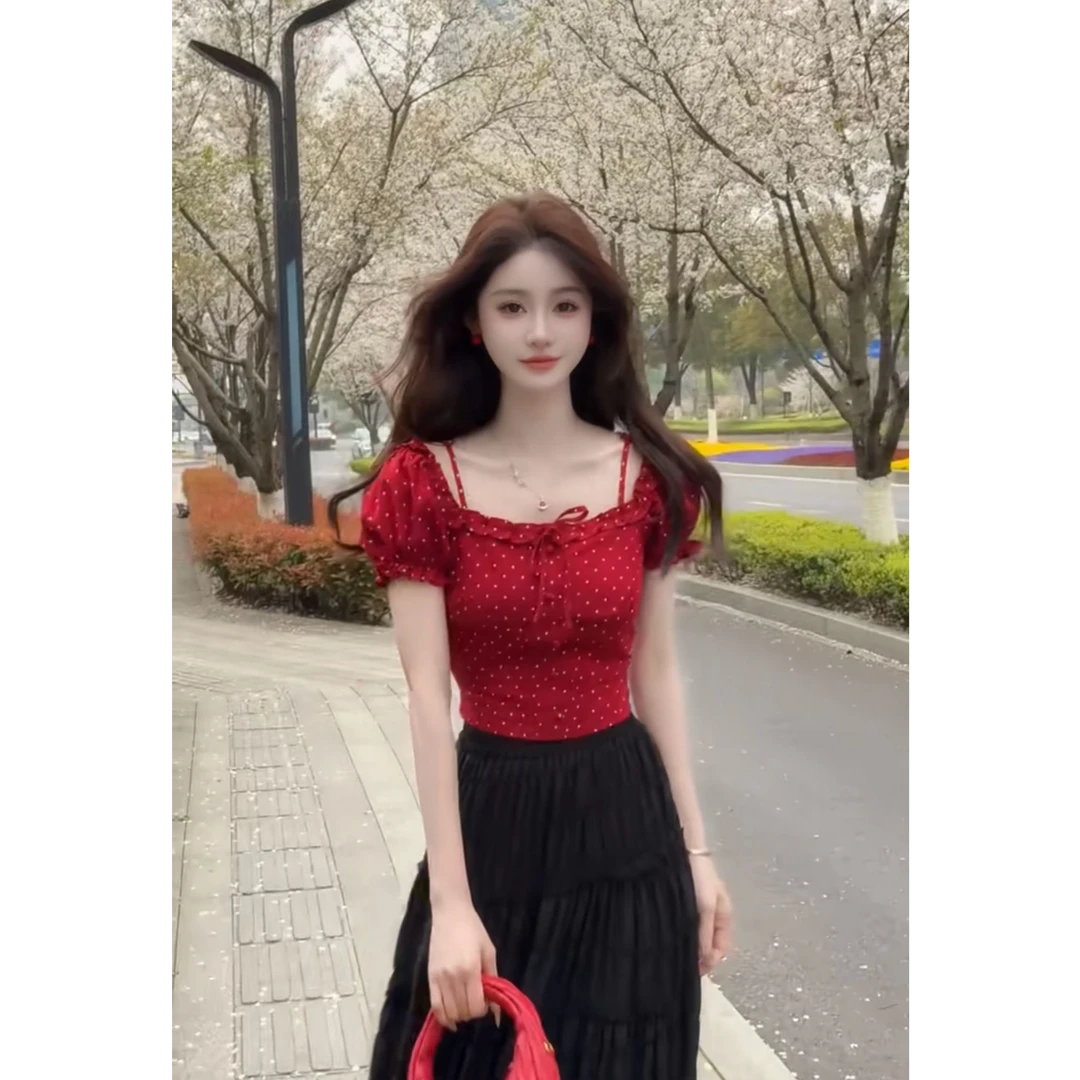 夏季穿搭一整套修身显瘦波点绑带上衣搭配高腰A字半身裙两件套女