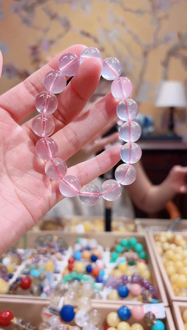 未镶嵌手串水晶12.6咪+天然粉晶，莫桑比克星光粉，天然晶体结构