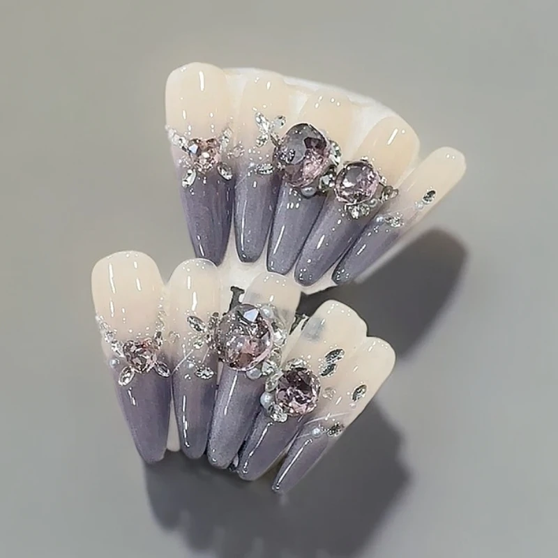 [Cherrypick-ke]纯手工美甲穿戴甲片紫罗兰碎钻猫眼美甲贴假指甲
