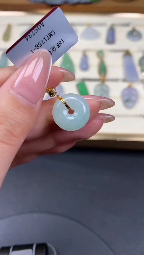 吊坠(不含链)18K金镶嵌翡翠平安扣18K金扣镶嵌@@CMT1758-1