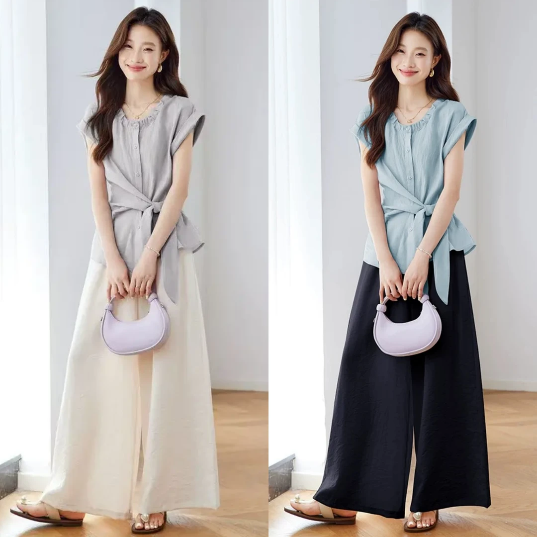 小清新套装女2025夏季新款夏天小俏皮衬衫休闲阔腿裤子洋气两件套