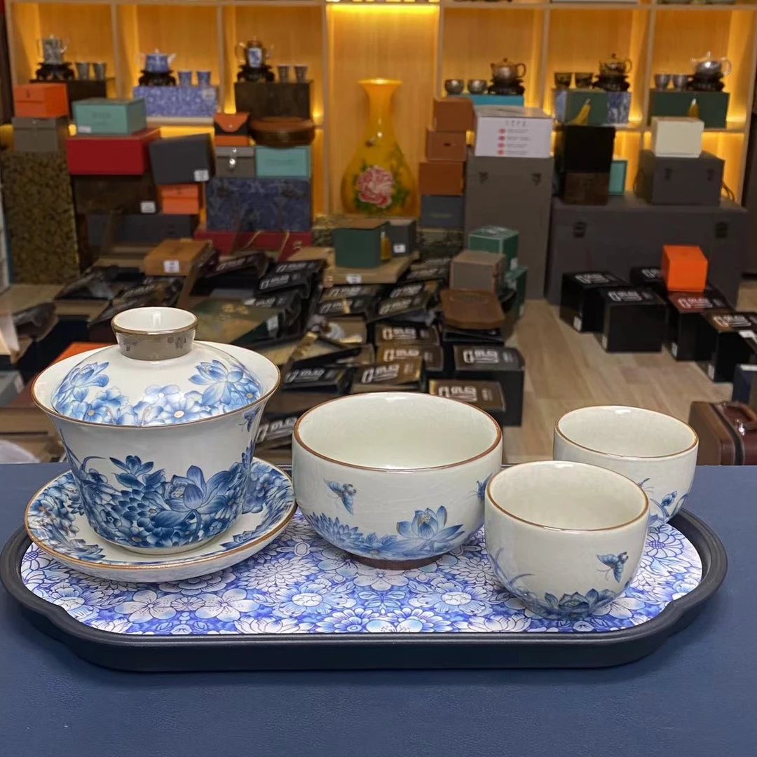 【闪购商品】汝窑蝶恋花盖碗+2个客杯+铜钱主人杯+茶盘@@ZH2168