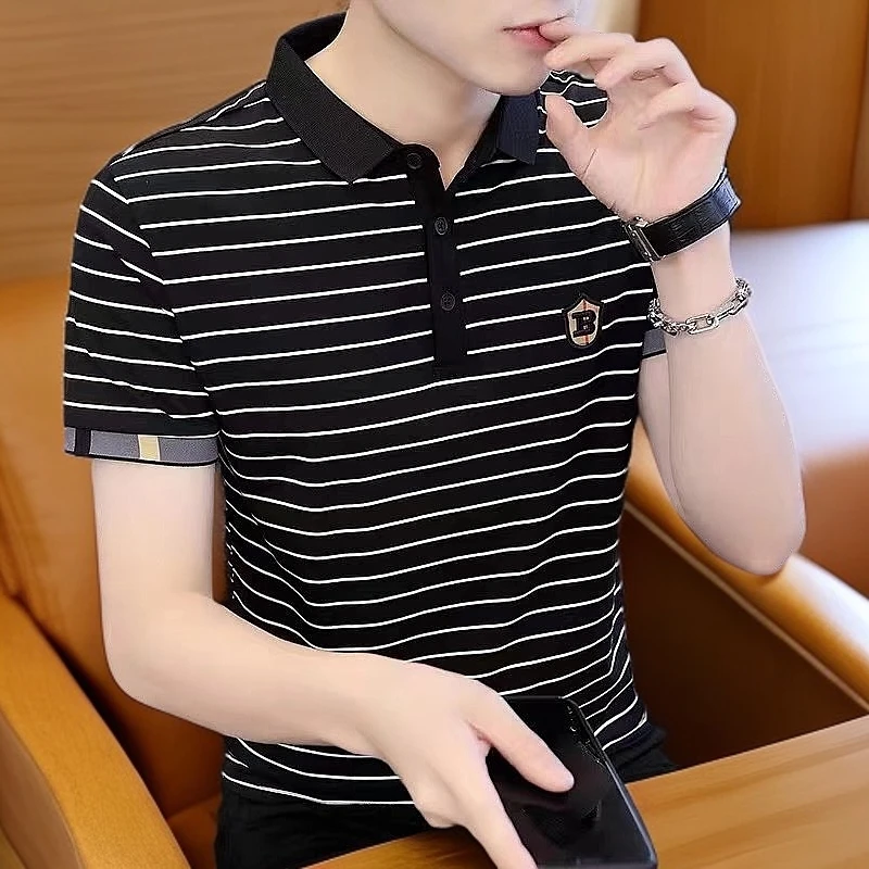 夏季新款经典条纹短袖t恤韩版百搭休闲潮上衣翻领修身男士polo衫