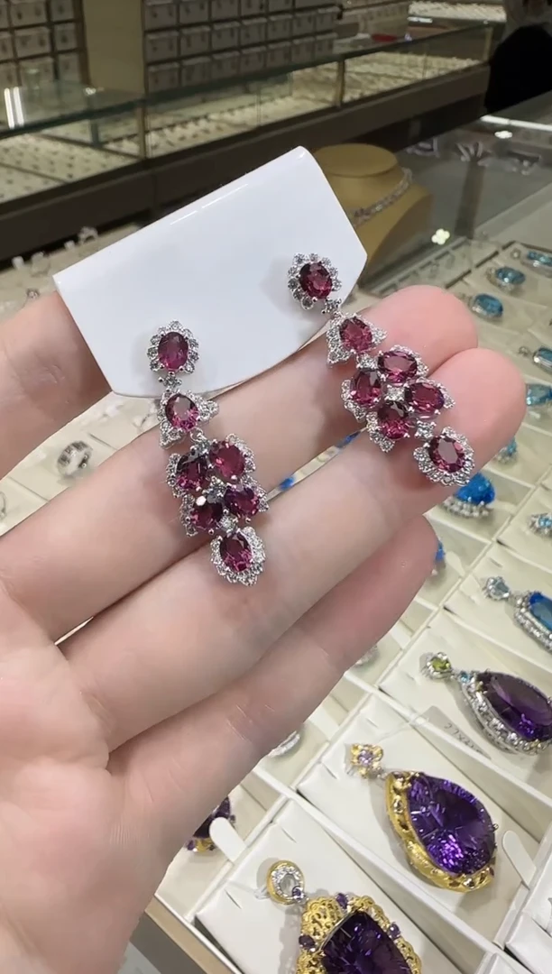 银S925镶嵌耳饰石榴石耳坠高级款