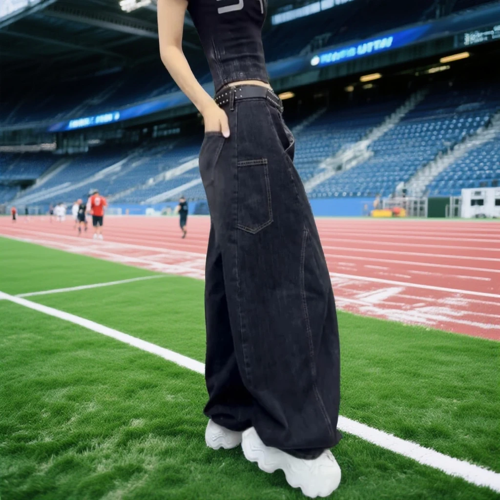 GPTSu大码宽松阔腿香蕉裤黑灰色弯刀牛仔裤女款梨形身材高腰显瘦