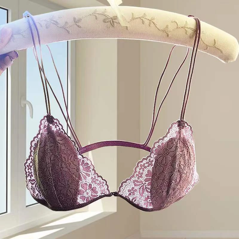 法式无钢圈小胸三角杯内衣女薄款夏季蕾丝欲细带美背前扣文胸