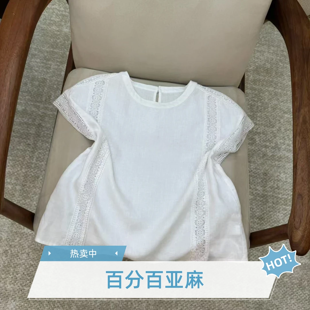 1308纯亚麻圆领镂空飞飞袖衬衫夏季新款纯色百搭休闲女上衣
