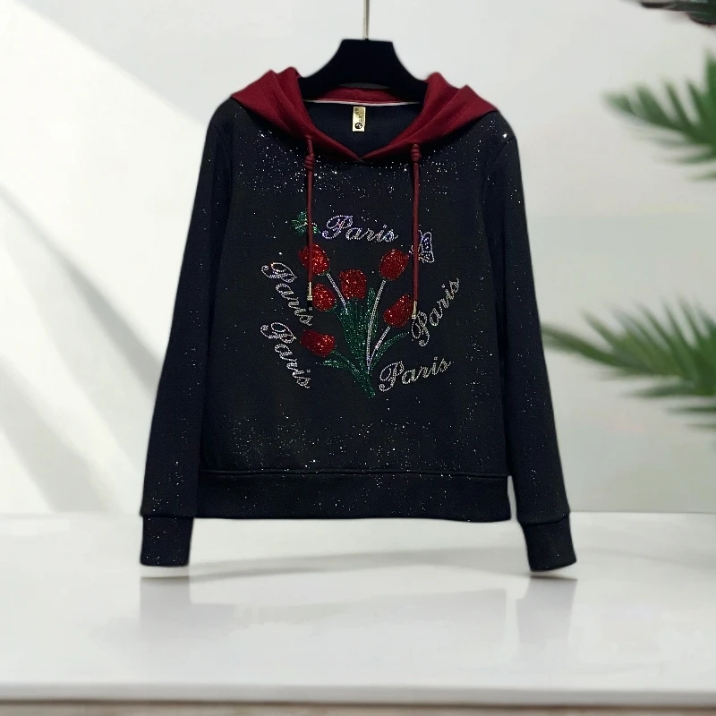 【高贵典雅郁金花】欧韩重工烫钻黑色长袖烫钻加绒连帽卫衣