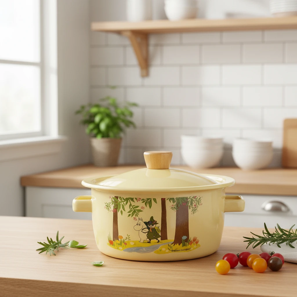 姆明奶黄色 搪瓷汤锅 蒸锅 灶具通用 带蒸屉4.5L