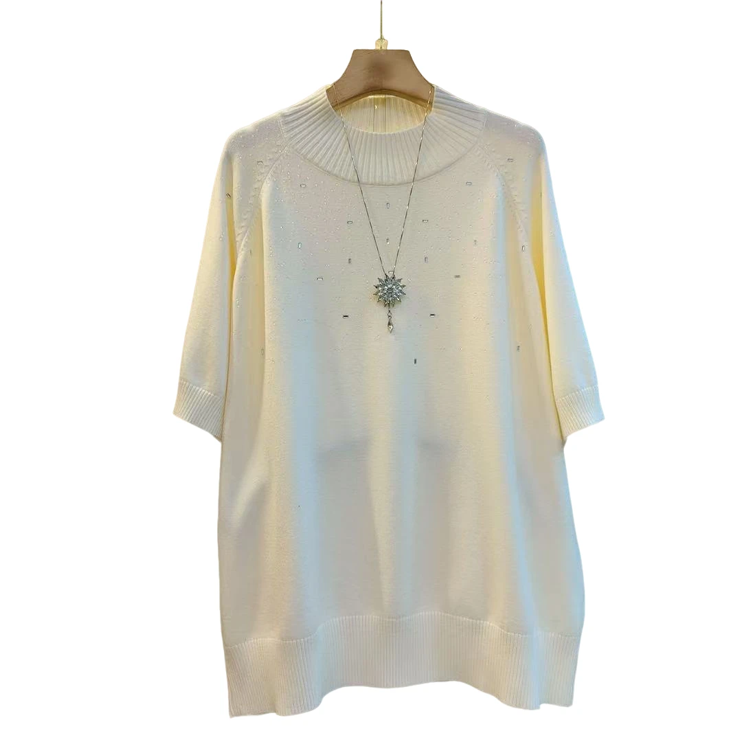 时尚新款半高领亮钻设计感短袖气质百搭针织衫（长70左右）