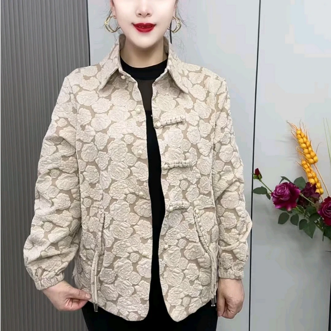 时尚休闲国风中年女士纯色polo领上衣大码提花宽松显瘦款开衫衬衣