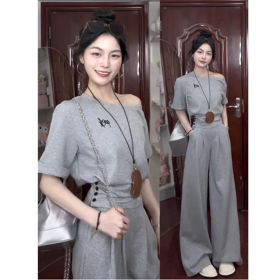 MARIE.COCO慵懒运动服套装女季穿搭收腰一字肩斜肩短袖长裤两件套