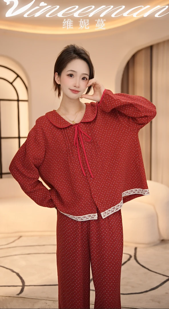 VINEEMAN【红绒梦境】长袖睡衣女家居服春秋季休闲显瘦气质网红