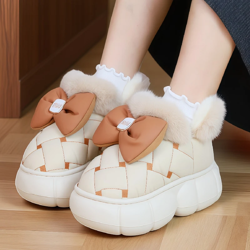 厚底防水雪地靴女士冬季居家室内时尚蝴蝶结厚底防滑加绒保暖棉鞋