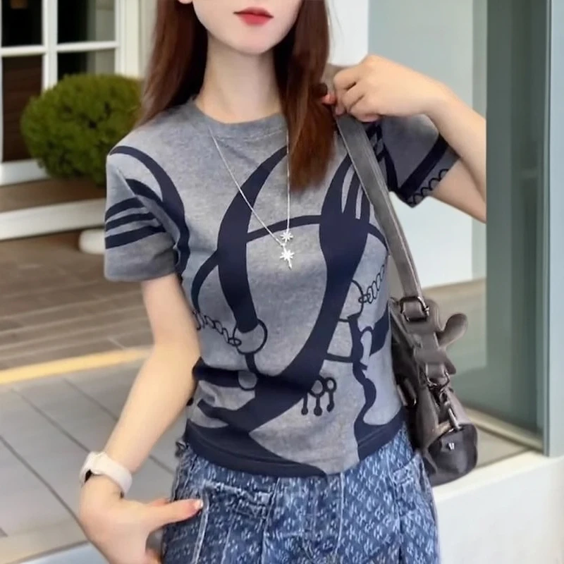 【夏日穿搭】线条印花优质棉短袖T恤女夏季新款洋气减龄气质上衣潮