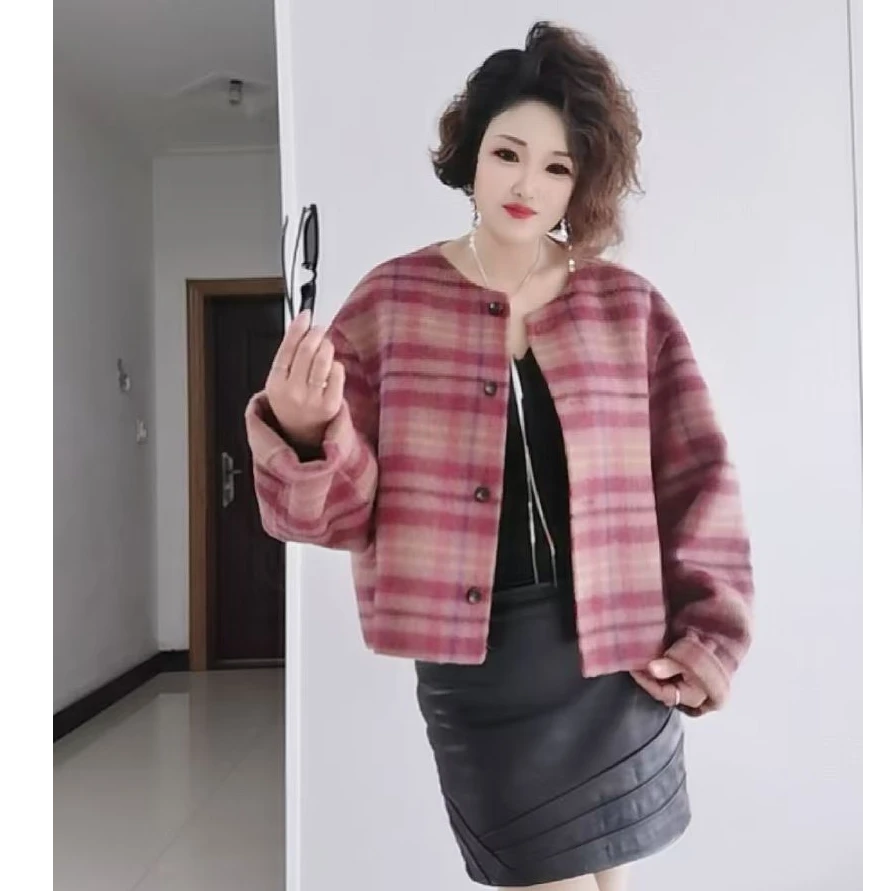 格子格纹短款春游毛呢双面呢外套长袖大衣商务通勤开衫休闲中式裙