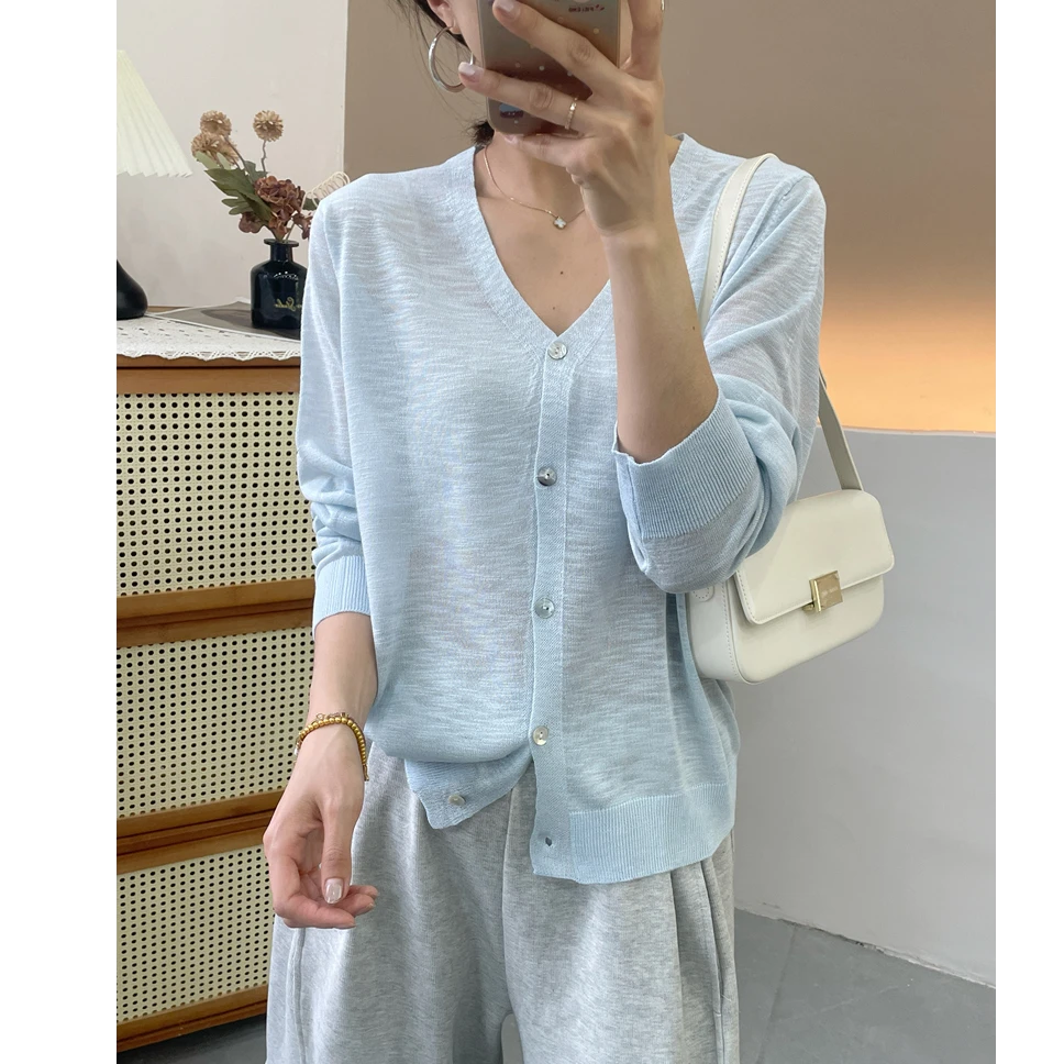 多色推荐轻薄V领轻薄单排扣针织开衫宽松慵懒风防晒显瘦春夏上衣