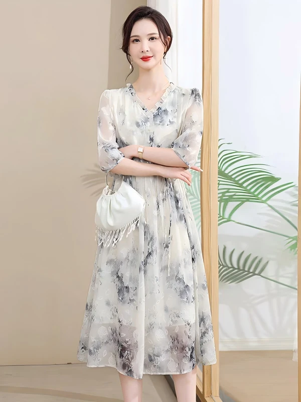 (烟雨江南）数码印花剪花气质时尚夏季洋气定制连衣裙#8816