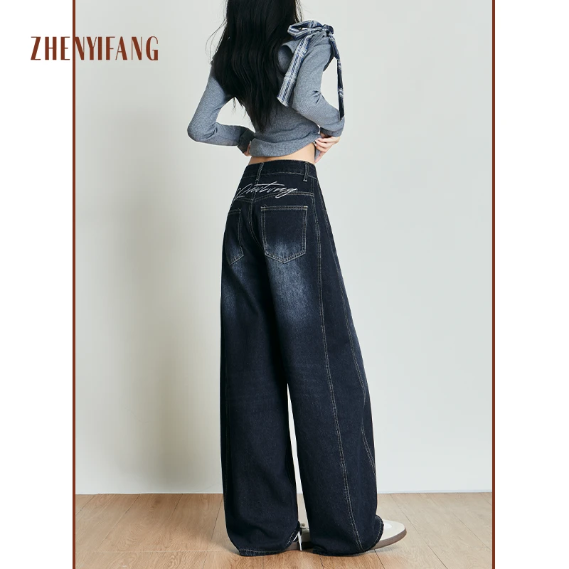 2025美式复古刺绣弯刀牛仔裤阔腿女初秋高腰直筒百搭宽松拖地裤