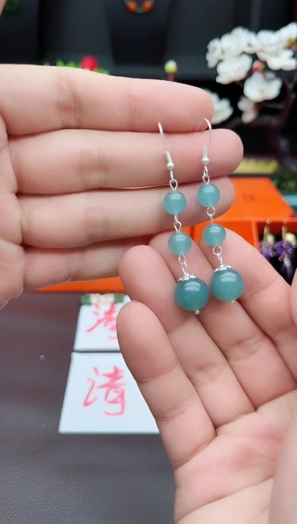 石英质玉（天山翠）银S925镶嵌耳饰C01