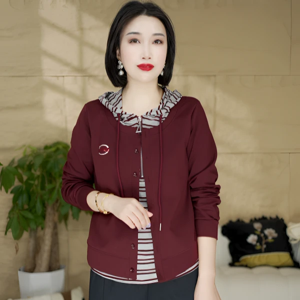 秋季新款时尚减龄假两件连帽条纹卫衣遮肉显瘦休闲百搭长袖上衣