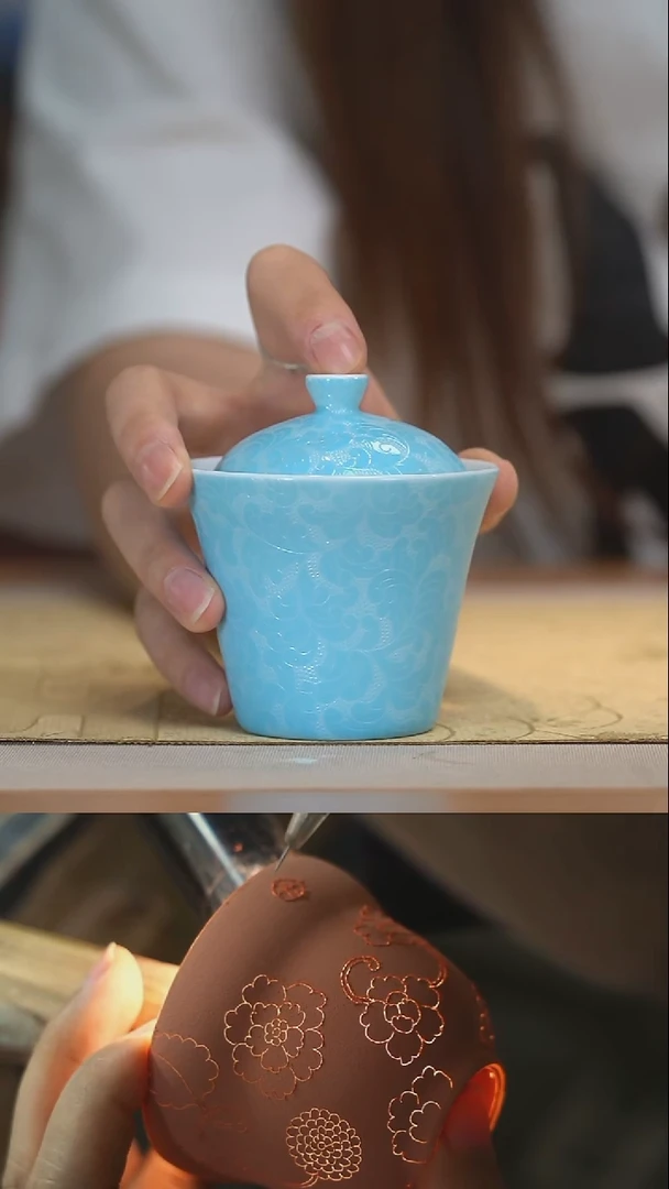 瓷片天青色二才盖碗