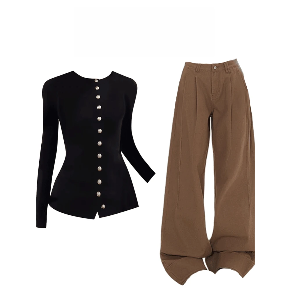 法式早秋氛围感长袖针织上衣气质直筒修身休闲裤两件套女2025新款