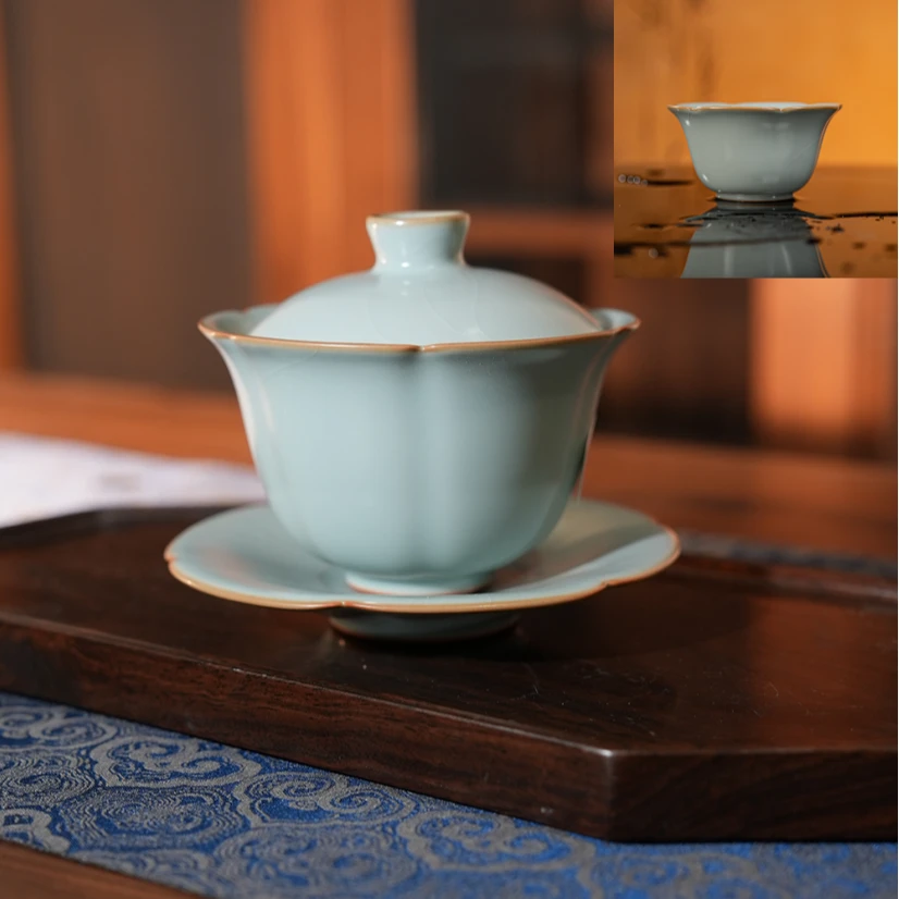 【小乔赏瓷】分寸天青葵口盖碗+茶杯（fc04+fc427）