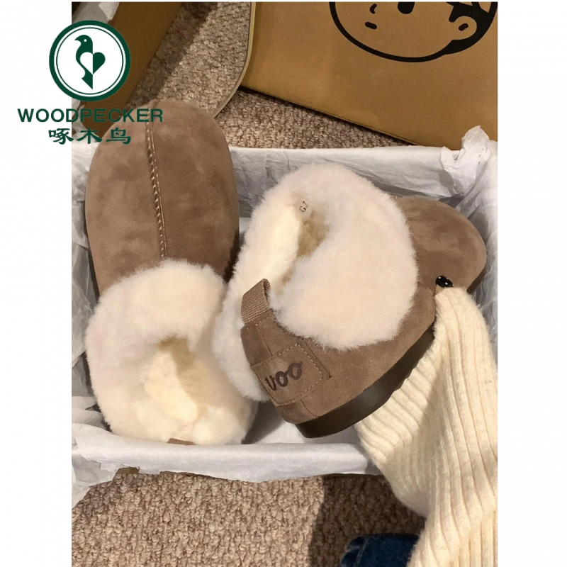 啄木鸟毛绒绒雪地靴女秋冬季皮毛一体棉鞋复古厚底加绒保暖勃肯鞋