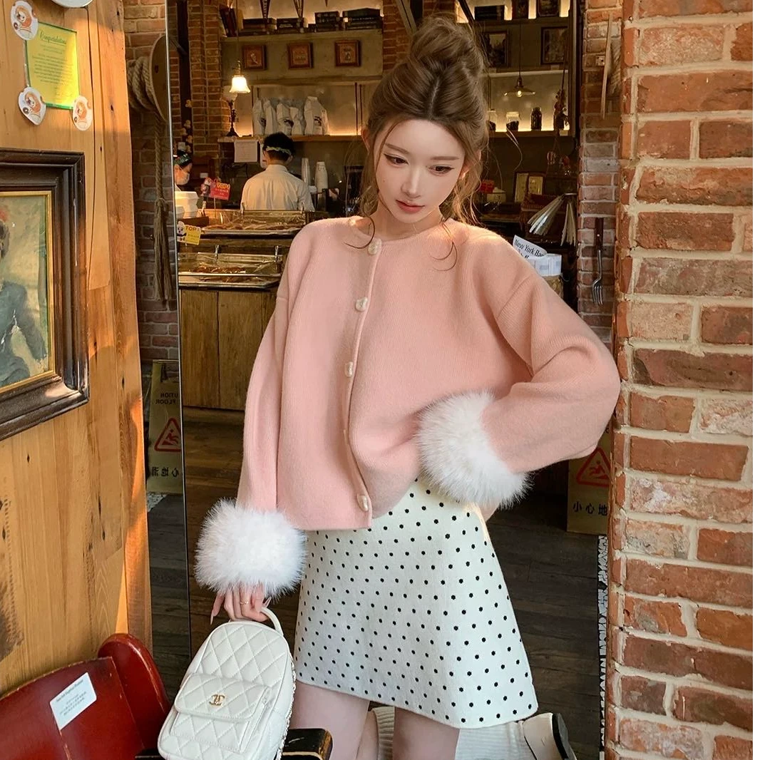 新年圣诞千金风毛毛袖针织开衫2026秋冬新款女减龄保暖简约毛衣潮