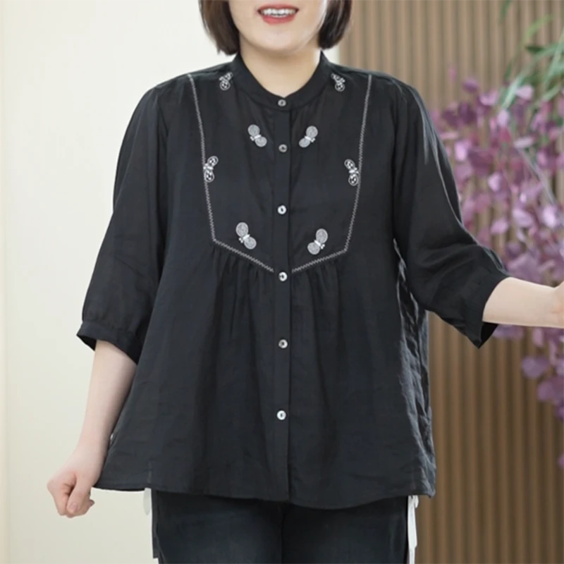 100%苎麻夏季氧气麻衫T恤女大码开衫亲肤透气衬衣万针刺绣衬衫