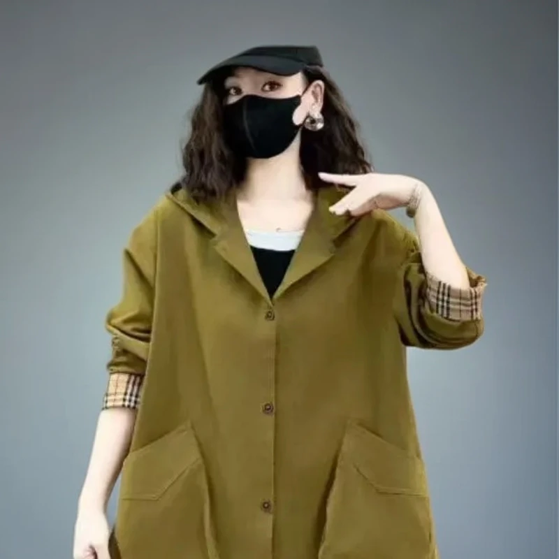休闲时尚宽松百搭韩版中长款连帽拼格复古女外套