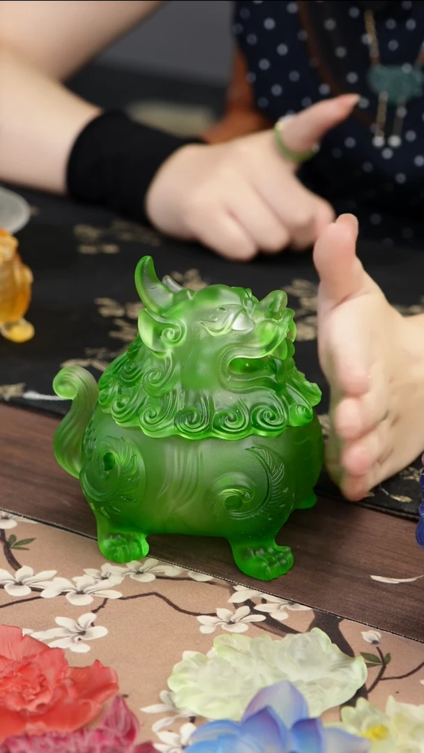 琉璃手工艺品绿色狻猊香炉大号