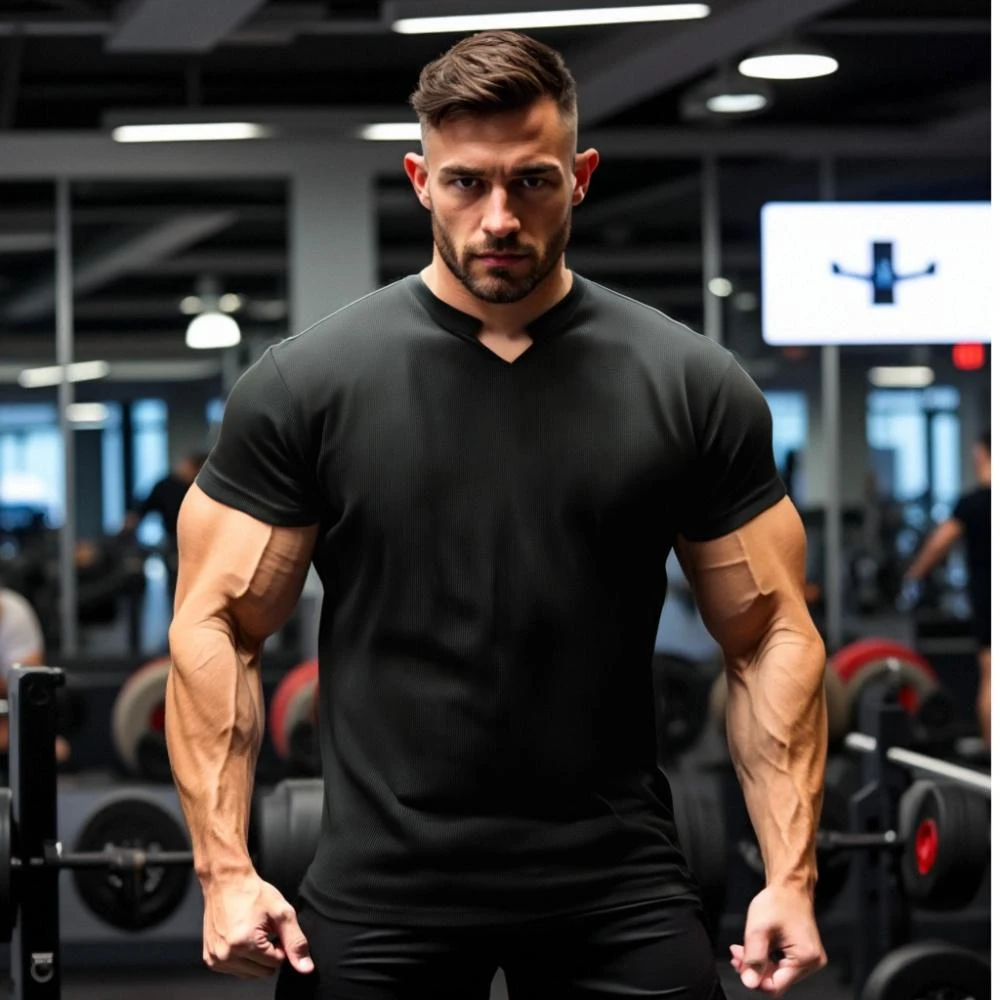 【收袖显大】夏季肌肉猛男士竖纹V领抗皱户外速干健身运动短袖T恤