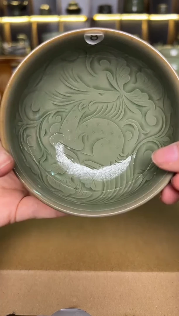 瓷片纯手工内外双刻灵芝卧鹿普洱杯特价8号