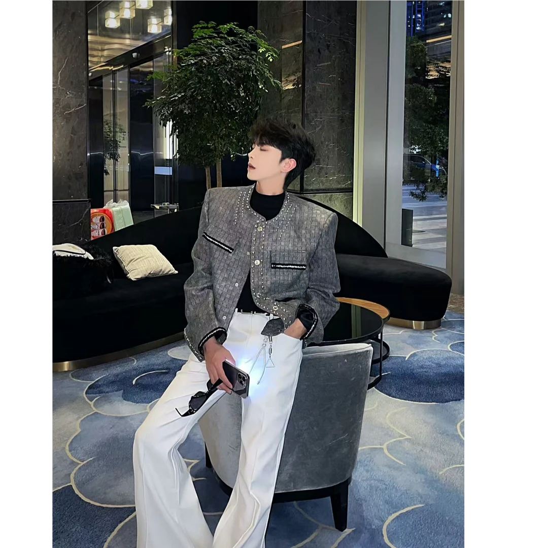 轻奢高级小香风夹克男小众铆钉拼接撞色设计感格纹无领短款套装