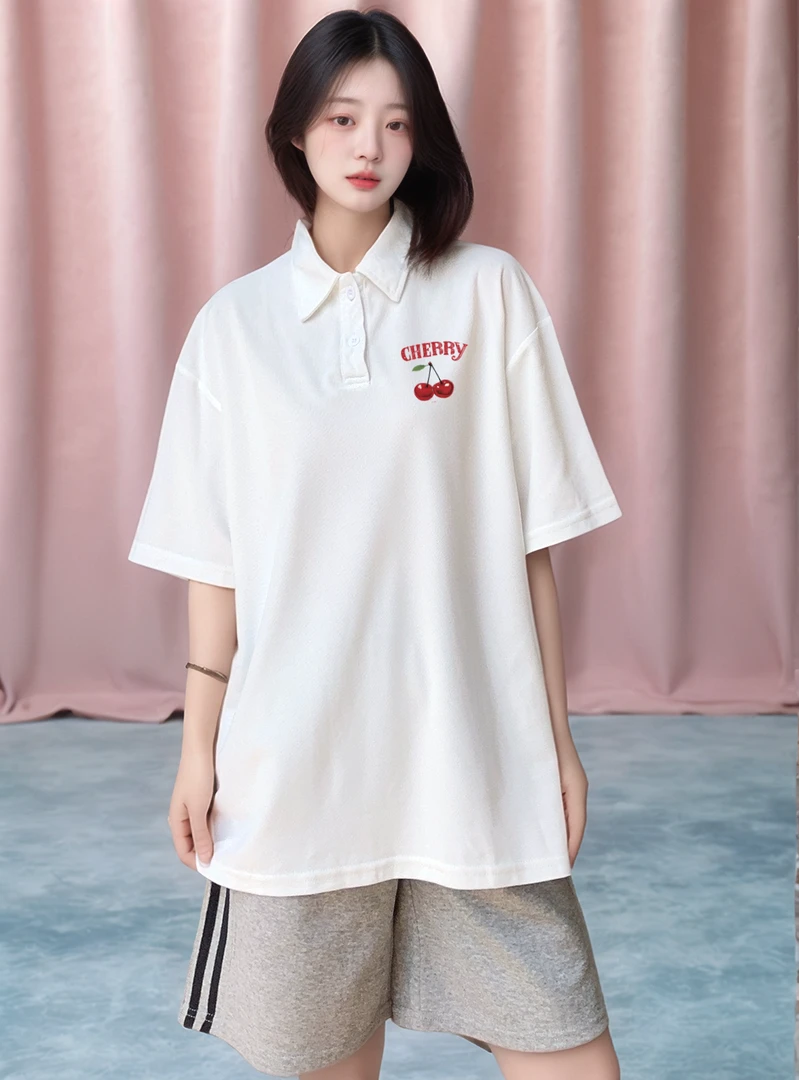 学院风正肩翻领Polo衫日系休闲百搭宽松显瘦短袖t恤极简甜妹风t恤
