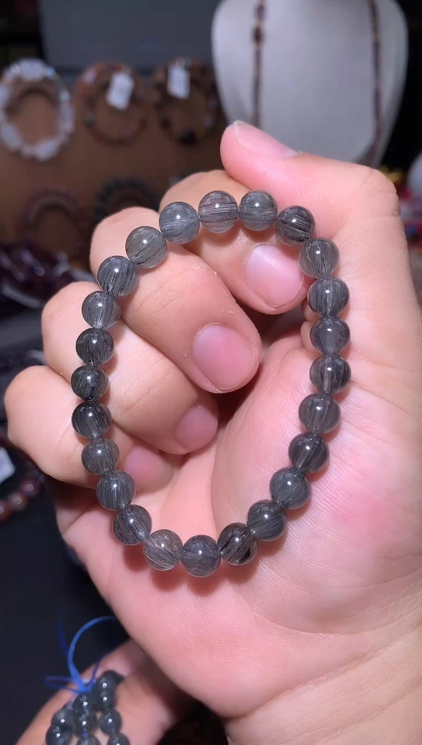 未镶嵌珠宝半成品水晶灰兔毛圆珠手串，卡7