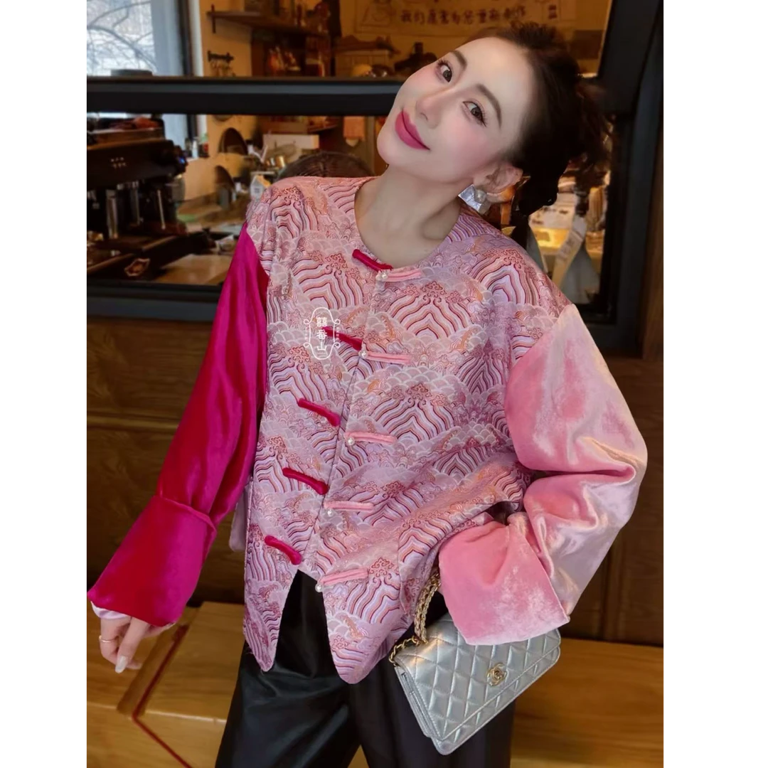 【囍番山·2025·秋季】粉瑞麒麟•减龄少女感撞色丝绒新中式国风外套