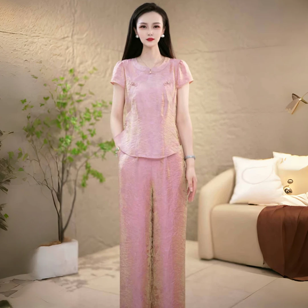 新中式时尚套装女夏季新款圆领盘扣短袖上衣阔腿裤气质减龄两件套