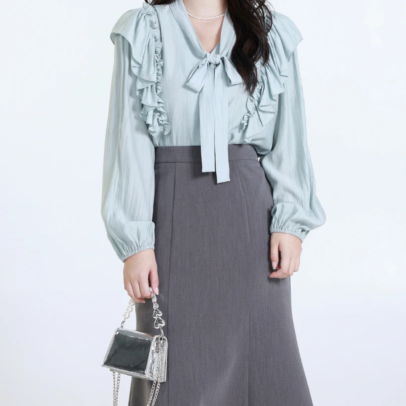 QC宣宣【南方蒂斯】微胖大码女秋褶皱荷叶边系带氛围感衬衫402S16